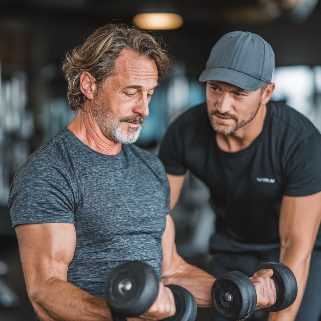 Професионален треньор работи с мъж на 58 години в персонализирана тренировка с гири в съвременна фитнес зала