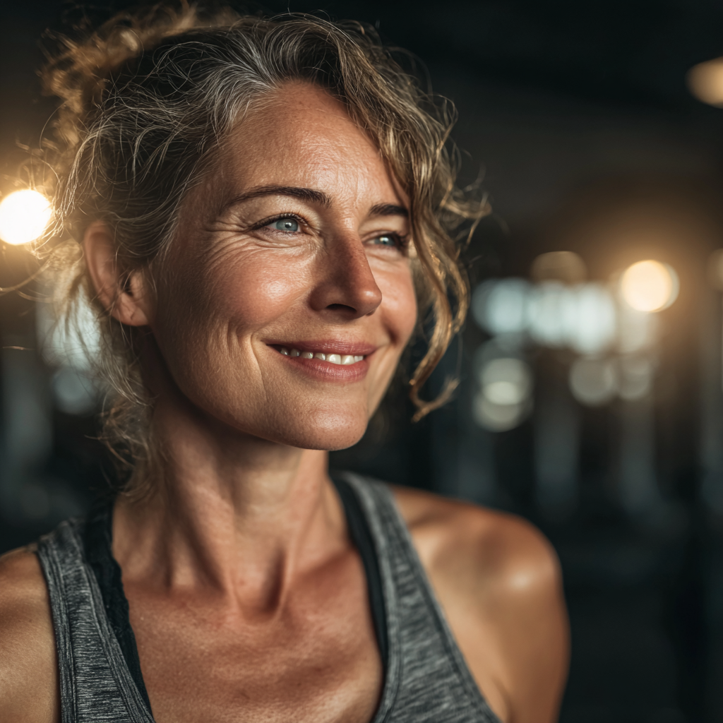 Активна жена на 55 години се усмихва след интензивна тренировка в модерна фитнес зала