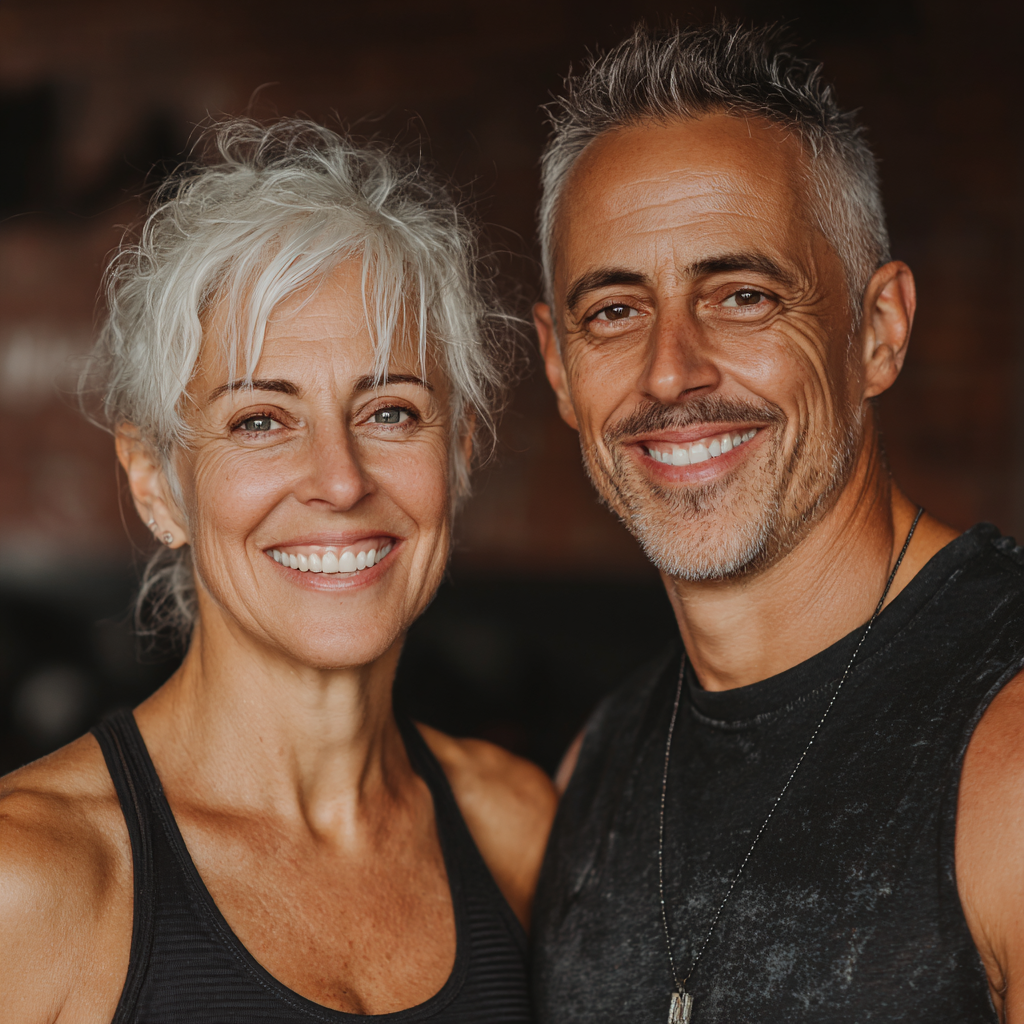 Усмихната двойка на 52 и 55 години след успешна тренировка в trumbelash фитнес студио, показващи резултатите от редовните си занятия